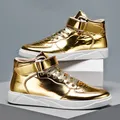 Chaussures de luxe en cuir verni doré pour hommes baskets de styliste montantes style Hip-hop