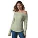 K Jordan Off-Shoulder Waffle Knit Top (Size 1X) Sage, Cotton,Polyester,Spandex