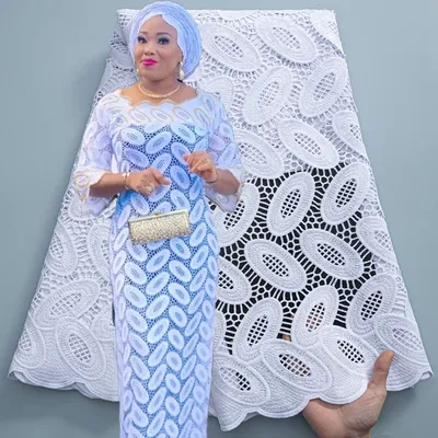 Tissu Africain en Dentelle Guipure Blanche avec Paillettes Étoffe Nigériane pour Couture de Robe de