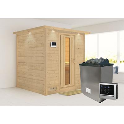 Sauna KARIBU "Menja", beige (naturbelassen), Saunaofen, externe Steuerung, 9 kW, Saunen, 9-kW-Ofen mit externer Steuerung