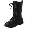 DADAWEN Girls Leather Winter Warm Lace-up Zipper Mid Calf Combat Riding Boots Black 4 UK