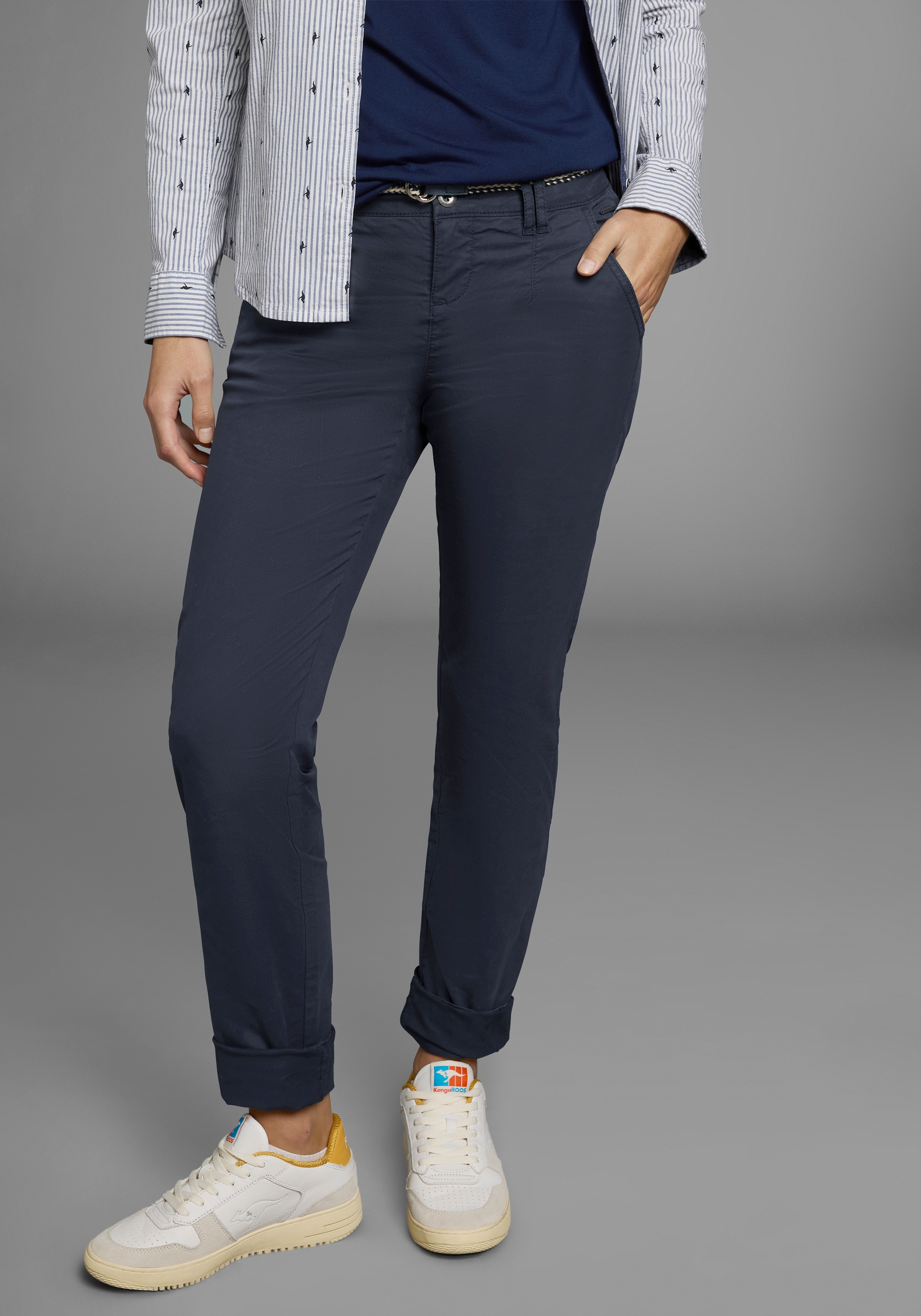 Chinohose KANGAROOS, Damen, Gr. 34, N-Gr, blau (marine), Web, Obermaterial: 98% Baumwolle, 2% Elasthan, unifarben, gerade, unten schmal lang, Hosen Hose Chinohose, in schmaler Form, mit Kordel zu binden