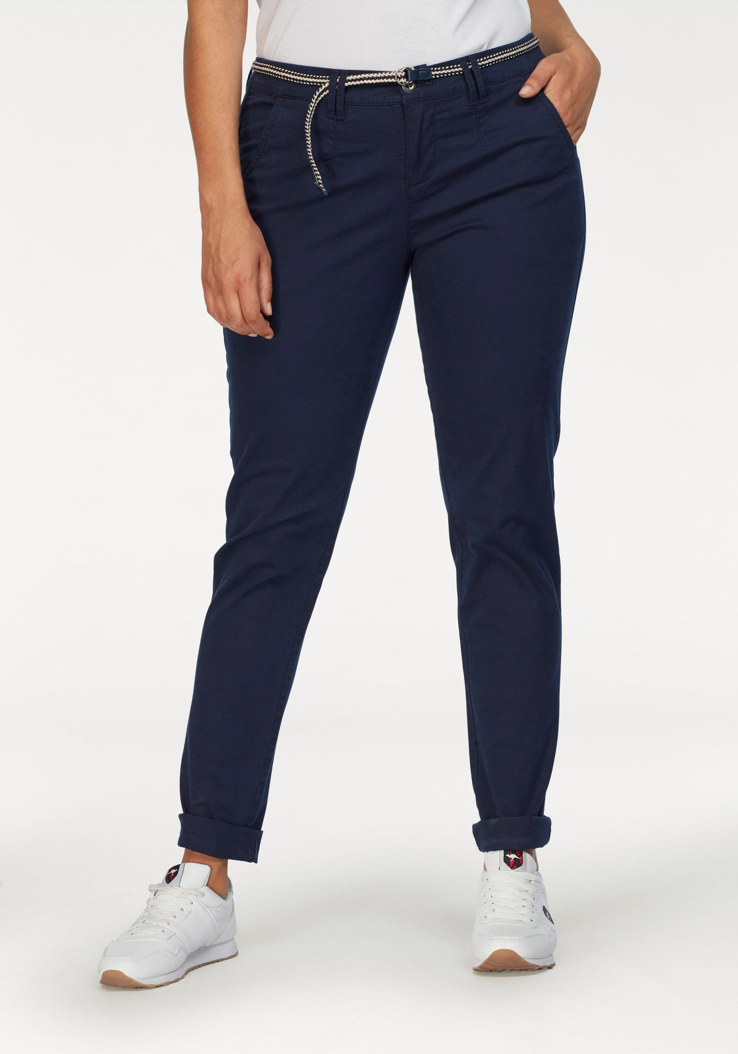 Chinohose KANGAROOS, Damen, Gr. 50, N-Gr, blau (marine), Web, Obermaterial: 98% Baumwolle, 2% Elasthan, unifarben, gerade, unten schmal lang, Hosen Hose Chinohose, in schmaler Form, mit Kordel zu binden