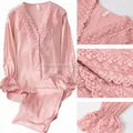 Pyjama en satin imbibé de dentelle pour femme chemise de nuit boutonnée vêtements de nuit