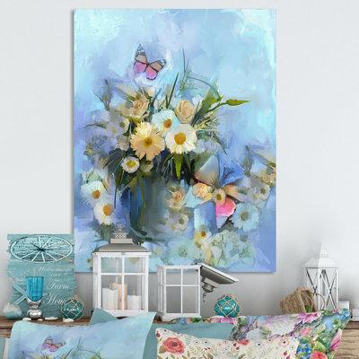 Winston Porter Grunge Vintage White & Pink Flowers III - Traditional Canvas Art Print Canvas in Blue/Yellow | 12 H x 8 W x 1 D in | Wayfair