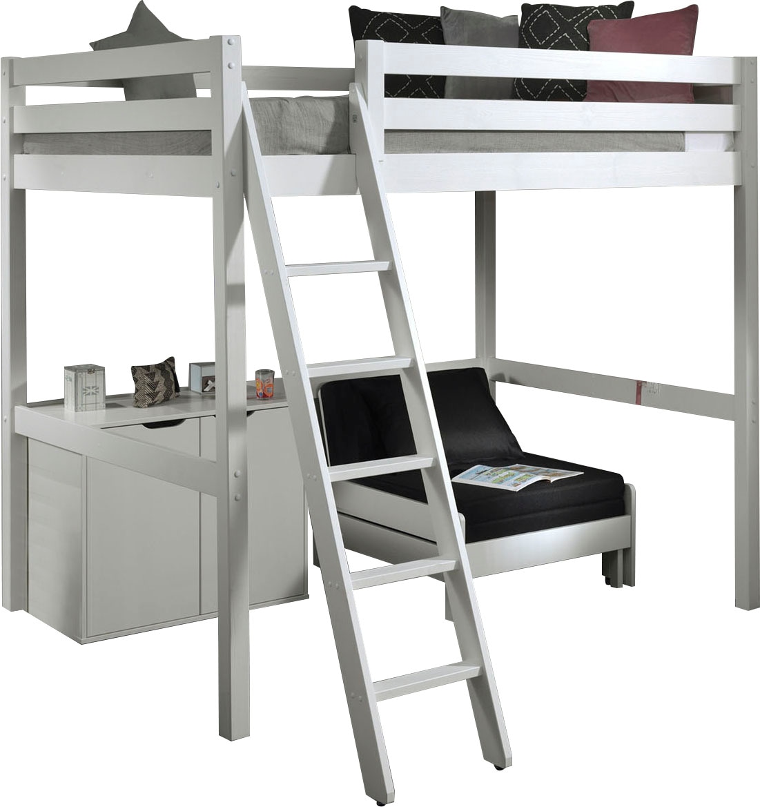 Hochbett VIPACK, schwarz-weiß (weiß, schwarz), B:215cm H:190cm L:209cm, Hochbetten, Hochbett mit 140 x 200 cm Liegefläche, inkl. Kommode und Schlafsessel