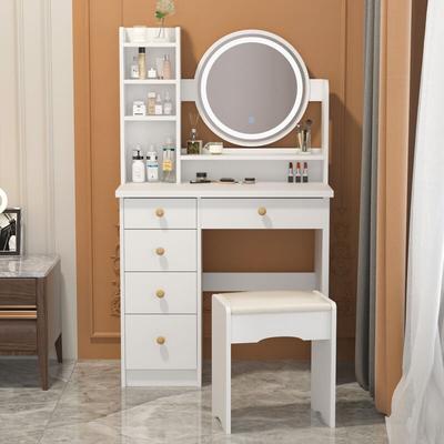 Schminktisch mit Spiegel und led, Schminktisch mit 5 Schubladen, Regalen, Kommode und gepolstertem Image