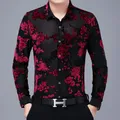 Chemise en velours mince à manches longues pour hommes chemise à fleurs rouge bleu fête