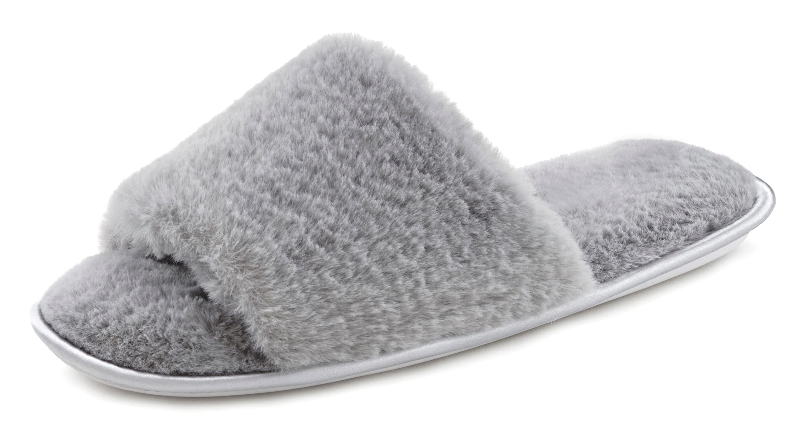 Hausschuh VIVANCE "Pantolette, Pantoffel", Damen, Gr. 38/39, grau, Obermaterial: 100% Synthetik. Decksohle: 100% Synthetik. Futter: 100% Synthetik. Laufsohle: 100% Synthetik, Fellimitat, unifarben, Schuhe Pantoffeln Plüsch Hausschuh, mit...