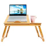 Bamboo Laptop Desk Adjustable Portable Breakfast Serving Bed Tray with Tilting Top Drawer for Surfing Reading Writing Eating (Bamboo)