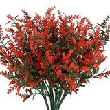 KLEMOO Artificial Lavender Flowers Plants 8 Pieces Lifelike UV Resistant Fake Shrubs Greenery Bushes Bouquet to Brighten up Your Home Kitchen Garden Indoor Outdoor Decor(Orange Red)