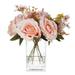 Enova Home Mixed Artificial Silk Rose Flower in Rectangle Glass Vase Fake Floral Arrangement in Vase with Faux Water (Pink)