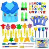 Kids Paint Brushes Sponge Kits 56 pcs Painting Brushes Tool Kit for Kids Early DIY Learning Include Foam Brushes Pattern Brushes Set Waterproof Apron