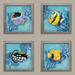 4 Tropical Teal Blue and Yellow Fish and Coral; Coastal Decor; Four 12x12 Distressed Framed Prints; Ready to hang!