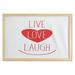 Live Laugh Love Wall Art with Frame Way of Life Style Heart with Smiling Form and Phrase Design Printed Fabric Poster for Bathroom Living Room Dorms 35 x 23 Red White by Ambesonne