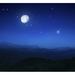 Mountain range on a misty night with moon starry sky and falling meteorite Poster Print (29 x 27)