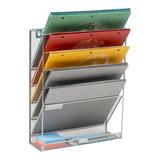 MIND READER Hanging Wall File Organizer [6 Compartment] Wall Mounted Vertical File Folder and Chart Holder Magazine Letters or Mail Slot Rack with Pencil Note Pad and Office Supplies Tray (SILVER)