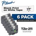 Brother Genuine P-Touch 6-Pack TZe-211 Laminated Tape Black Print on White Standard Adhesive Laminated Tape for P-Touch Label Makers Each Roll is 0.23 /6mm (1/4 ) Wide 26.2 (8M) Long