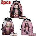 2 Piece Set Anime Nezuko Backpack Bag Demon Slayer Kawaii Cartoon Bag for Girls Students with Pencil Box (#3)