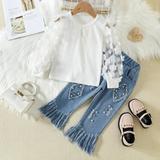 Hunpta Toddler Kids Baby Girls Flower Lace Tulle Sleeve T Shirt Tops Crop Denim Jeans Long Pants 2PCS Outfits Clothes Set