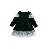 LWXQWDS Toddler Baby Girls Christmas Dress Velvet Long Sleeve Round Neck Lace Floral Trim Pageant Dress Outfits Dark Green 18-24 Months