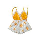 Multitrust Baby Girl Sleeveless Sun Print V-neck Playsuit with Flower