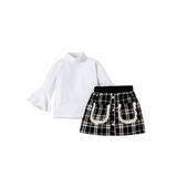 hirigin 2PCS Toddler Girls Fall Outfits Flare Sleeve Mock Neck Tops + Mini Tweed Skirt Set