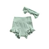 Canrulo Infant Baby Girls Bloomers Diaper Cover High Waist Elastic Ruffle Shorts Solid Color Underwear Headbands Set Light Green 0-3 Months