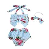 stylesilove Baby Toddler Girls Floral Print Bowknot Bikini Swimsuit and Headband 3pcs Blue Bathing Suit Beach Swimwear (3-6 Months)