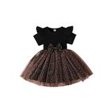 Canrulo Toddler Baby Girls Summer Bowknot Leopard Tulle Tutu Dress Princess Party Patchwork A-line Dresses Black 2-3 Years