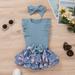 Zpanxa Infant Girls Tops Skirt Outfit Sets Toddler Girls Pit-striped Lace Fly-sleeve Romper Floral Culottes Headb Three-piece Little Girls Top Infant Skirt Set Light blue (9-12 Months)