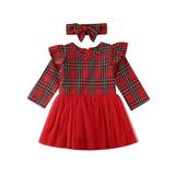 LWXQWDS Baby Girls Dress Long Sleeve Red Plaid Tulle Lace Tutu Princess Dresses