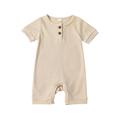 Baby Girl Boy Short Sleeve Round Neck Solid Color Knitted Ribbed Buttoned Romper Bodysuit Jumpsuit