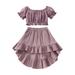 Baby Girls 2PCS Plain Outfits Short Sleeve Ruffle Off-Shoulder Hollow Tops Irregular Midi Skirt Toddler Ruched Summer Outfits