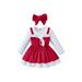 Gwiyeopda Christmas Toddler Girl Cute Fake Two Pieces Long Sleeve Round Neck Patchwork A-Line Dress + Bow Headband 2Pcs Set