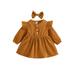 Diconna Baby Girl Solid Color Dress Long Sleeves Round Neck Cotton Dress Bow Headband Birthday Gifts