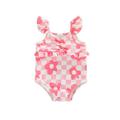 Frobukio Toddler Baby Girls One Piece Swimsuits Floral Plaid Print Fly Sleeve Jumpsuit Swimwear Beachwear Bathing Suit Pink 6-9 Months