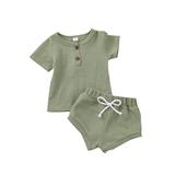 Newborn Toddler Baby Boy Girl Clothes Knitted Plaid Short Sleeves Waffle Clothes Summer Outfit T-Shirt+Shorts for Infant Baby