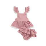 Kiapeise Toddler Baby Girls Summer Outfits Cotton Linen Fly Sleeve Lace Hem Dress Tops Multi Layers Shorts Casual Clothes