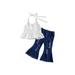 Sunisery Toddler Kids Baby Girls Clothes Set Sleeveless Hollow Out Tops Denim Flare Pant White 4-5 Years