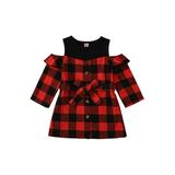 wsevypo Christmas Kids Baby Girls Dress Patchwork Cold Shoulder Plaid Print Round Neck Long Sleeve A-line Dress With Belt