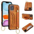 For Apple iPhone 14 Pro (6.1 ) PU Vegan Leather Multi-Functional Credit Cards Slot with Wrist Strap Stand Pocket Cover Xpm Phone Case [ Tan ]