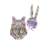 Baby Girl s Two-Piece Suit Easter Rabbit Print Sleeveless Round Neck Backless Romper + Tie-Up Hat