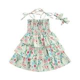 StylesILove Baby Toddler Girls Floral Print Smocked Tiered Sleeveless Dress & Headband 2pcs Summer Ruffle Sundress Outfit (Green 6-12 Months)