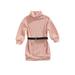 Caitzr Kids Casual Dress Solid Color Knitted High-Neck Long Sleeves Loose Skirt with Waist Belt for Little Girls