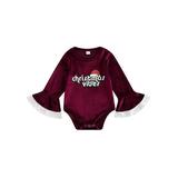 Binwwede Baby Girl Christmas Velvet Romper Long Bell Sleeve Round Neck Letter Bell/Hat Print Bodysuit