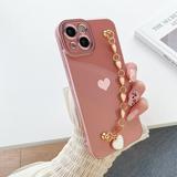 Cute iPhone 13 Pro Max Case with Heart Strap Bracelet Chain Glitter Plated Gold Cover for Women & Girls [Full Camera Protection + Reinforced Corners] for iPhone 13 Pro Max 6.7 Pink