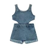 Dewadbow Kid Girls Playsuit Solid Color O-Neck Sleeveless Hollow Out Romper Streetwear