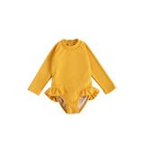 Canrulo Toddler Baby Girls Long Sleeve One Piece Swimsuit Zipper Rashguard Swimwear Ruffle Beach Wear Bathing Suit Yellow 4-5 Years