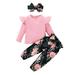 KIMI BEAR Infant Girls Outfits 12 Months Infant Girls Autumn Winter Outfits 18 Months Infant Girls Casual Solid Color Long Sleeve T-shirt + Rose Print Pants + Headband 3PCs Set Pink